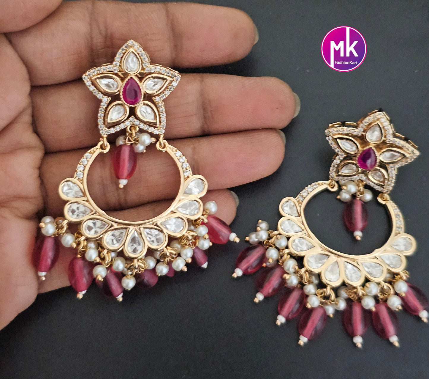Bollywood Premium Quality Gold polish Kundan Polki Bridal chandbali type Earrings with strawberry bead hangings- MK Fashionkart