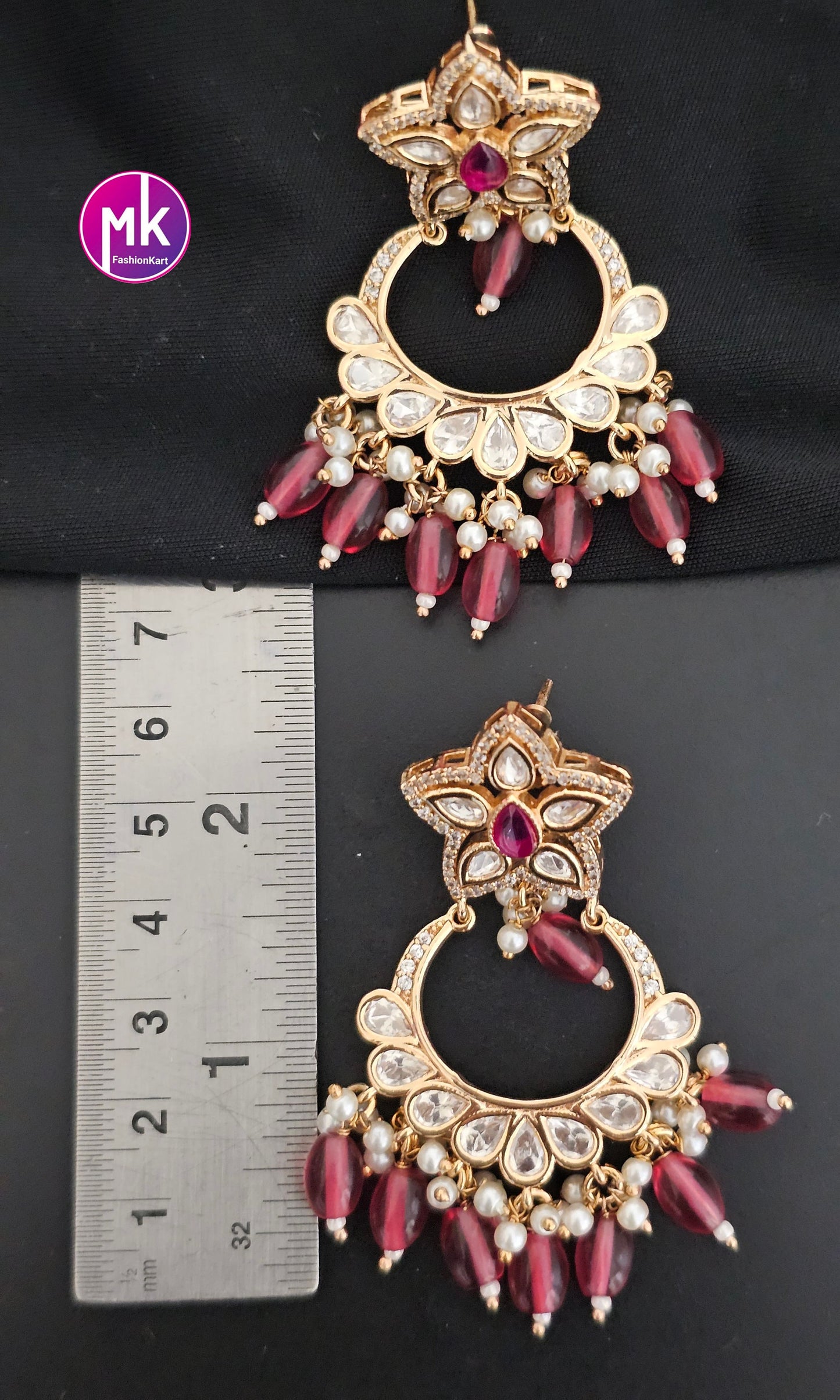 Bollywood Premium Quality Gold polish Kundan Polki Bridal chandbali type Earrings with strawberry bead hangings- MK Fashionkart