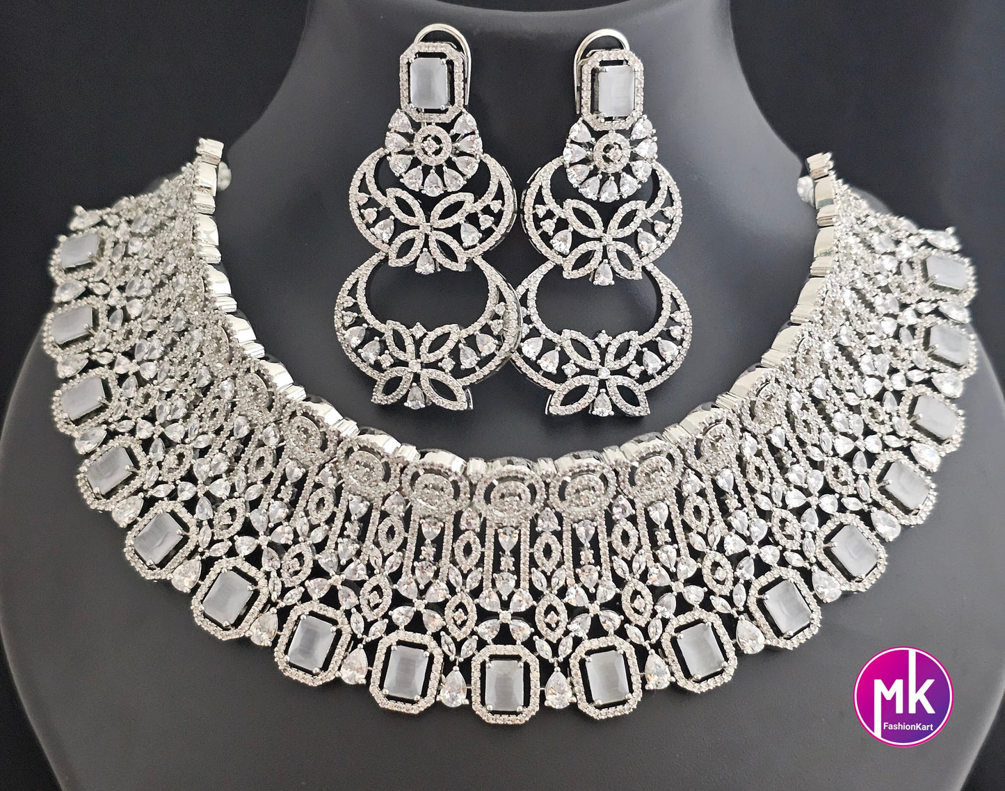 Gorgeous Silver Finish AD Stone Bridal Choker with matching long Earrings - Prom Necklace -  Diamond Jewelry Replica - MK Fashionkart