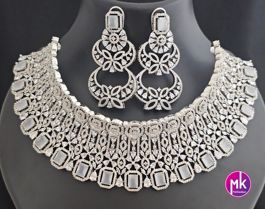 Gorgeous Silver Finish AD Stone Bridal Choker with matching long Earrings - Prom Necklace -  Diamond Jewelry Replica - MK Fashionkart