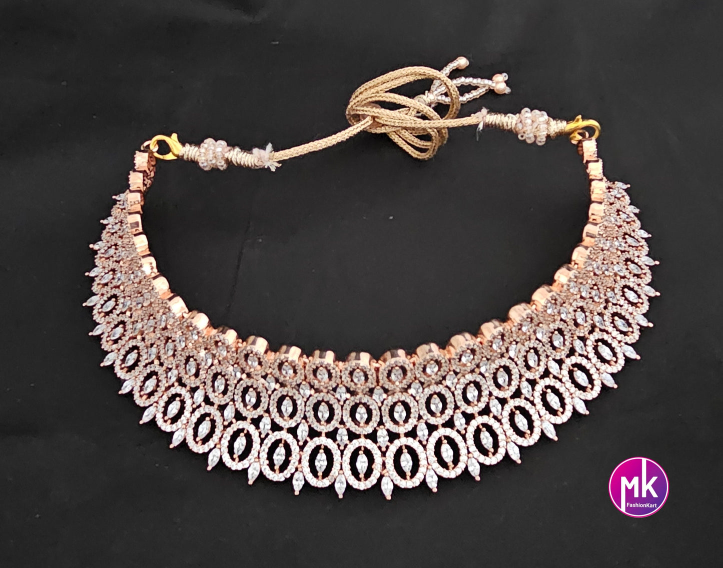 Rose gold Gorgeous AD Stone Bridal Choker and matching long Earrings - Prom Necklace -  Gold Replica - MK Fashionkart