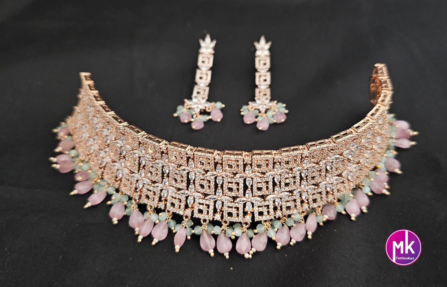 Rose gold Gorgeous AD Stone Bridal Choker w hanging precious bead and matching long Earrings - Bridal/Partywear choker -  Gold jewel Replica