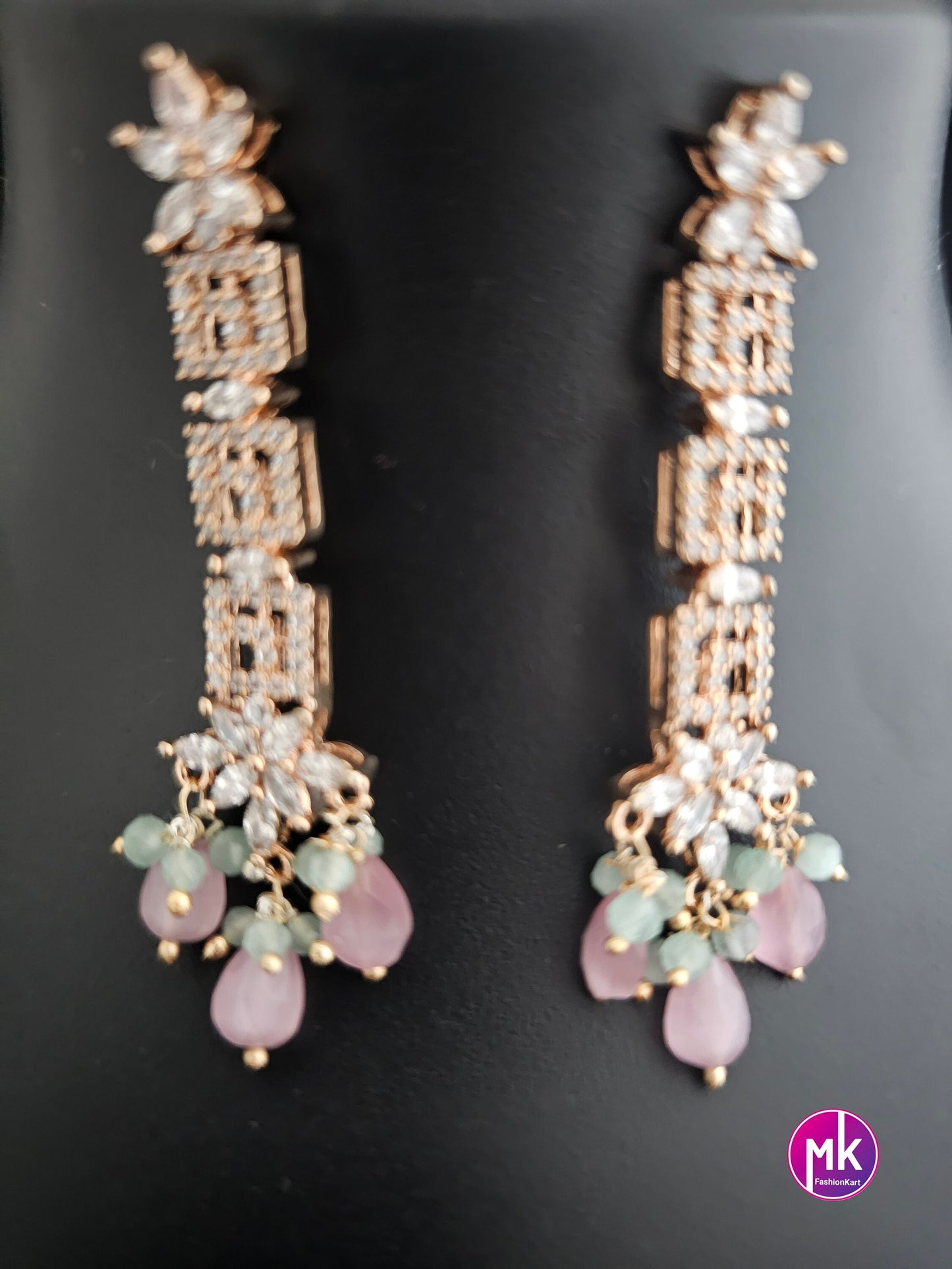 Rose gold Gorgeous AD Stone Bridal Choker w hanging precious bead and matching long Earrings - Bridal/Partywear choker -  Gold jewel Replica