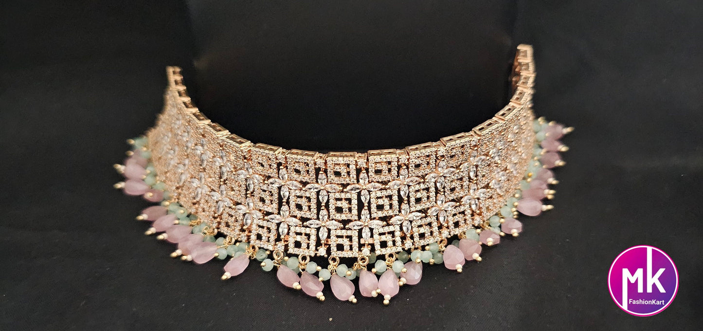 Rose gold Gorgeous AD Stone Bridal Choker w hanging precious bead and matching long Earrings - Bridal/Partywear choker -  Gold jewel Replica
