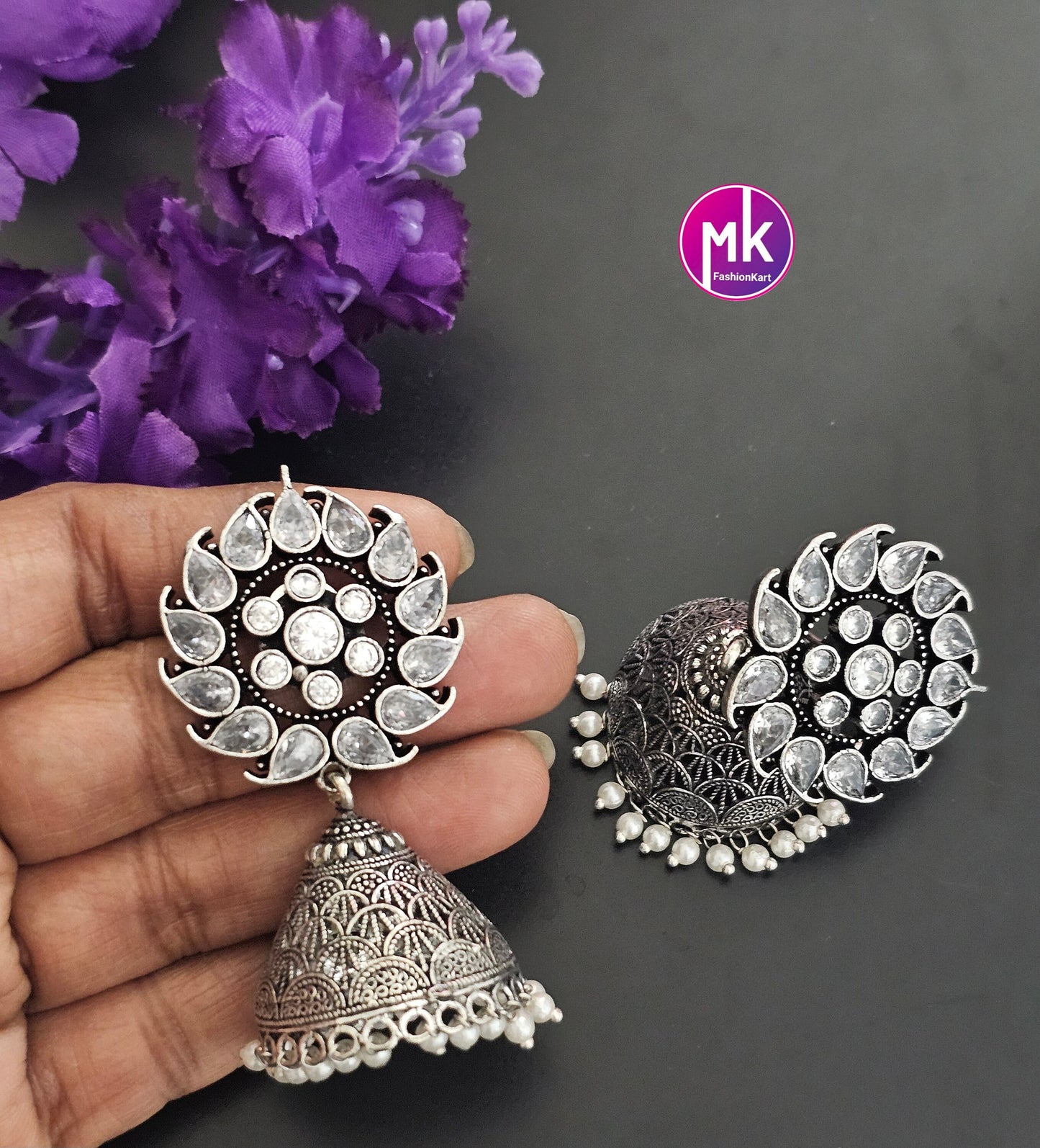 Silver Oxidized white stones Jhumka with hanging pink beads - MK Fashionkart - Fashion Jewelry