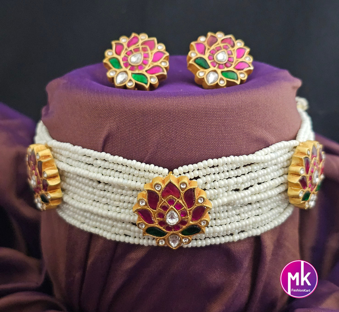 Jadau Kundan Lotus Premium Quality Matte Finish piroyi pearl Bridal Choker with Lotus Earrings -  MK Fashionkart