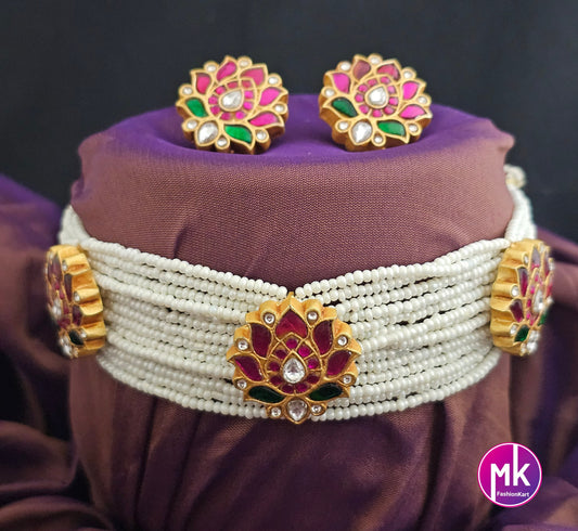 Jadau Kundan Lotus Premium Quality Matte Finish piroyi pearl Bridal Choker with Lotus Earrings -  MK Fashionkart