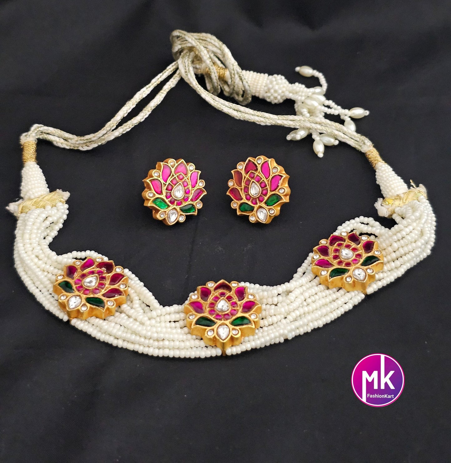 Jadau Kundan Lotus Premium Quality Matte Finish piroyi pearl Bridal Choker with Lotus Earrings -  MK Fashionkart