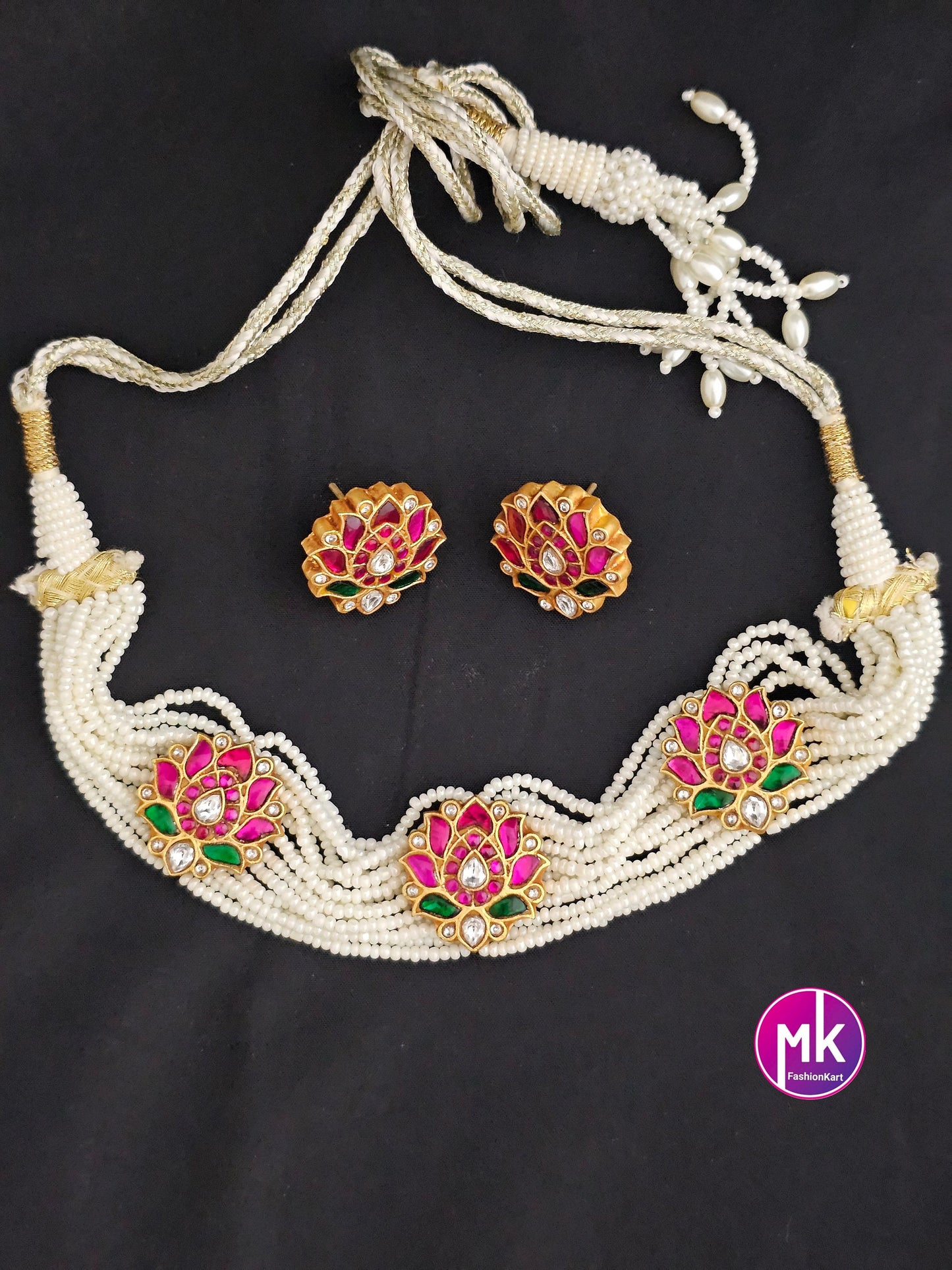 Jadau Kundan Lotus Premium Quality Matte Finish piroyi pearl Bridal Choker with Lotus Earrings -  MK Fashionkart