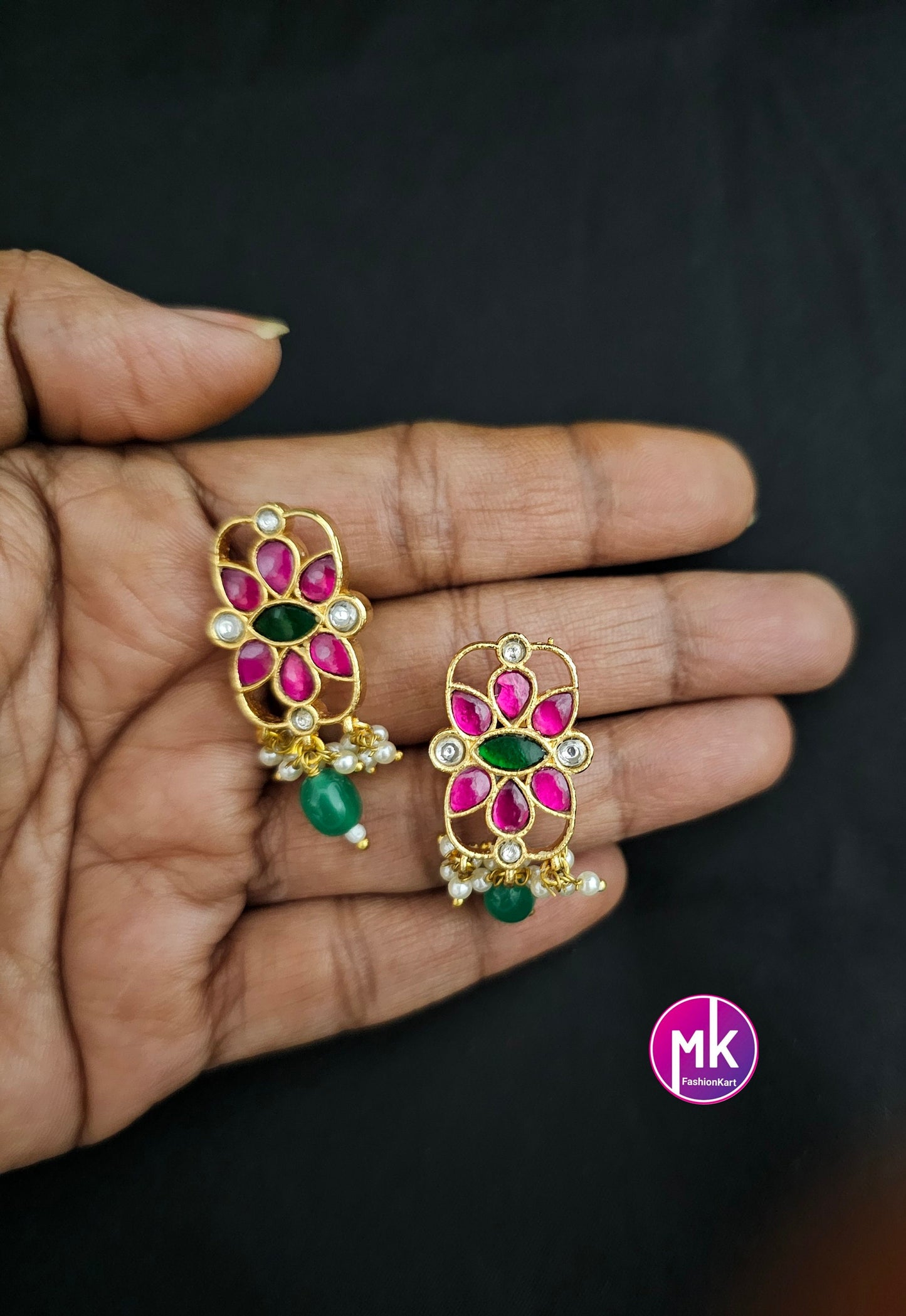 Jadau Kundan Flower Premium Quality Antique Finish Precious pearl Bridal mala set with Jadau Kundan Earrings -  MK Fashionkart