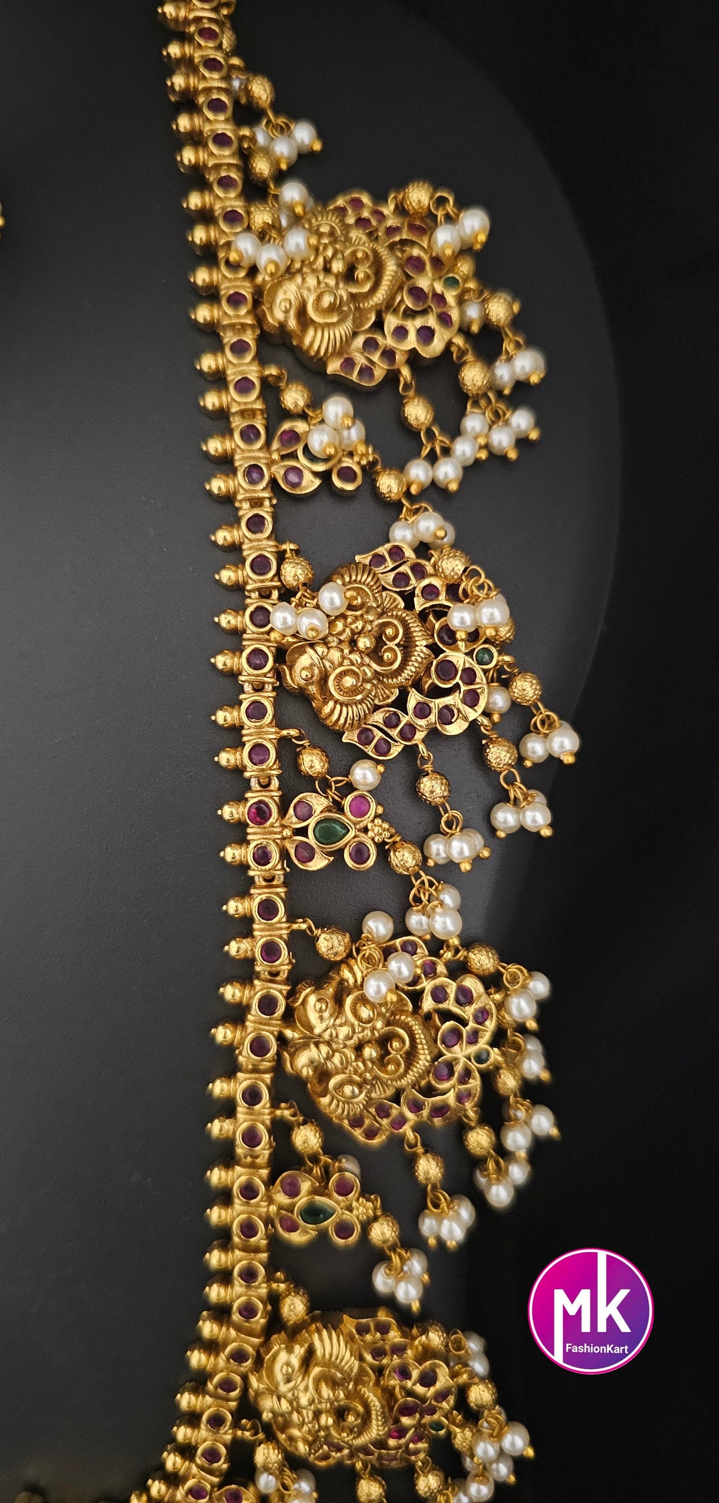 Beautiful Radhakrishna Premium quality Gold Jewelry Replica Haram with big pendent with matching Big Jhumka - Bridal Haram - MK Fashionkart