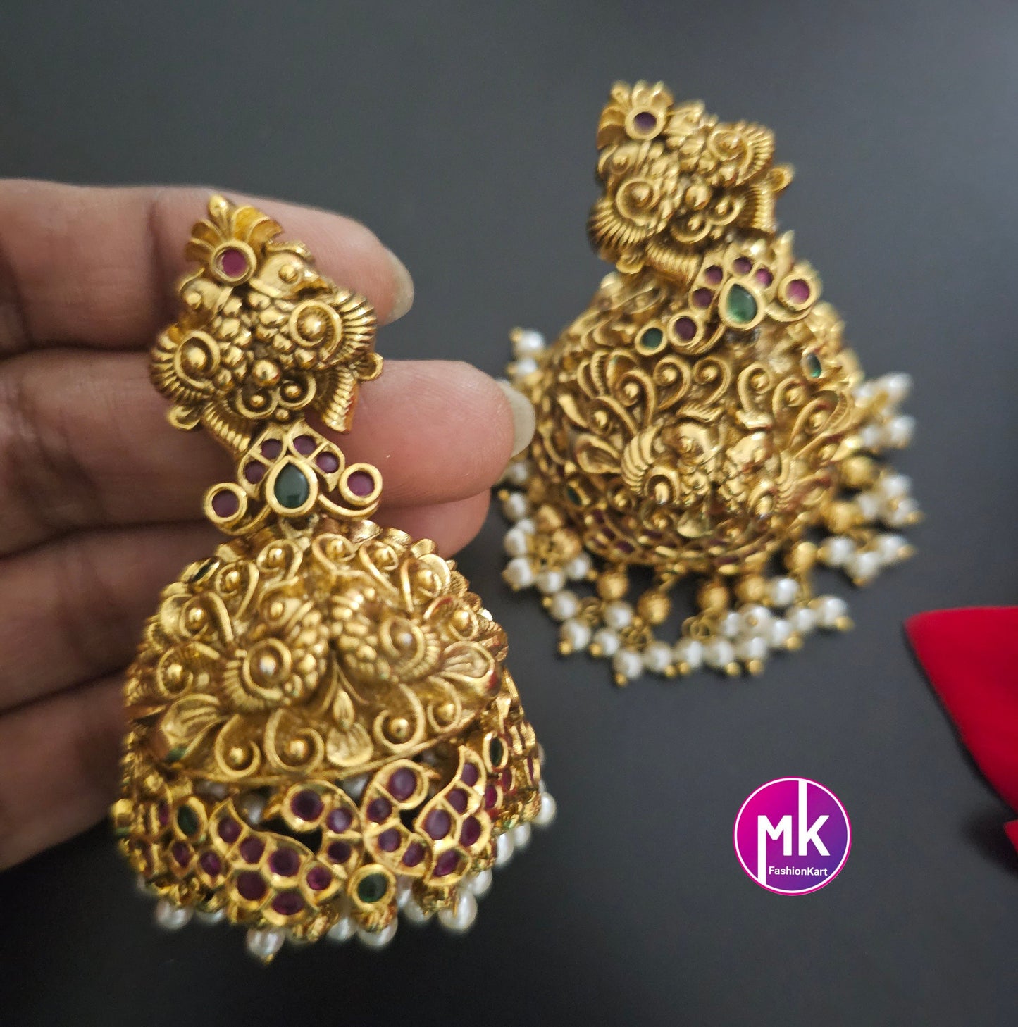 Beautiful Radhakrishna Premium quality Gold Jewelry Replica Haram with big pendent with matching Big Jhumka - Bridal Haram - MK Fashionkart