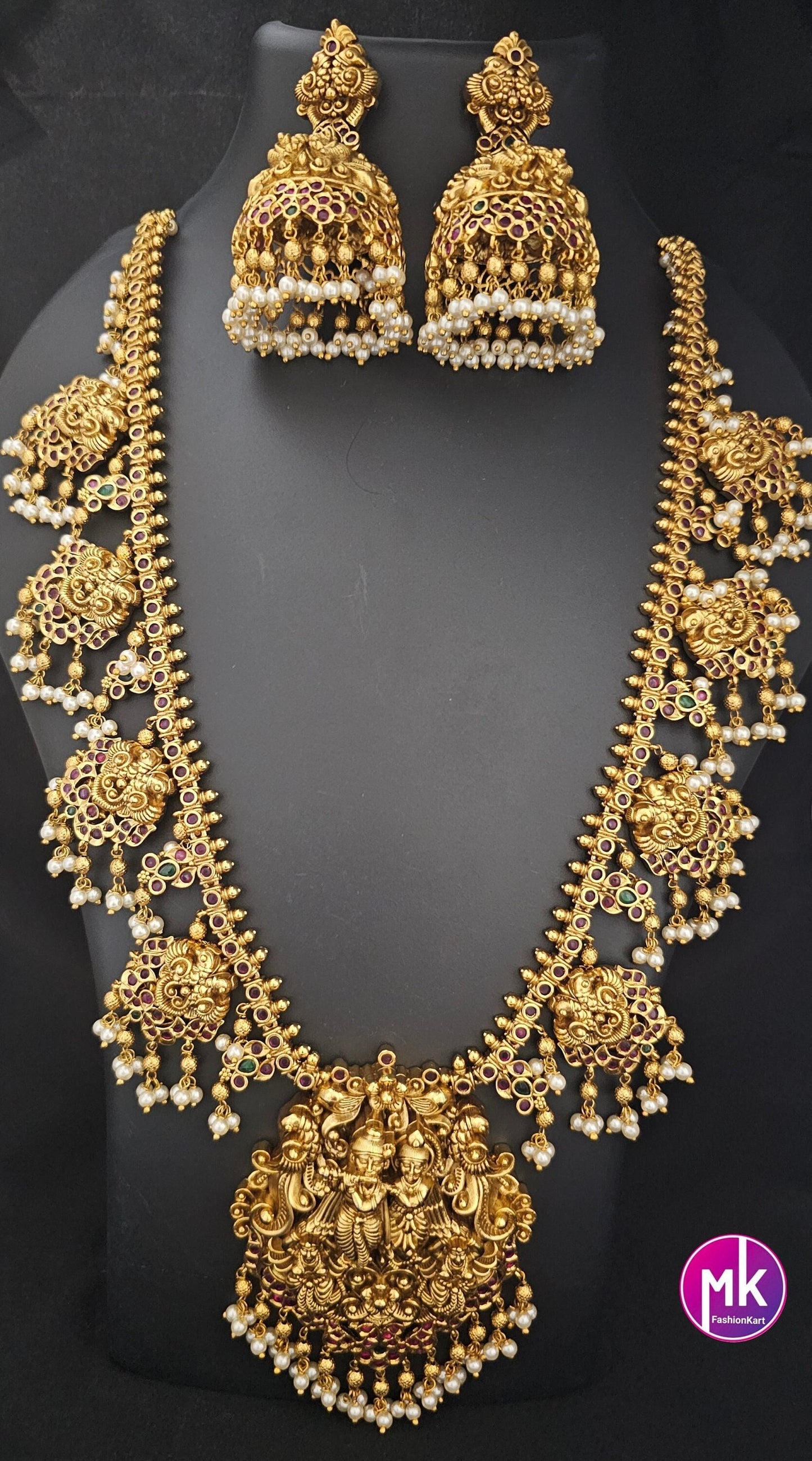 Beautiful Radhakrishna Premium quality Gold Jewelry Replica Haram with big pendent with matching Big Jhumka - Bridal Haram - MK Fashionkart