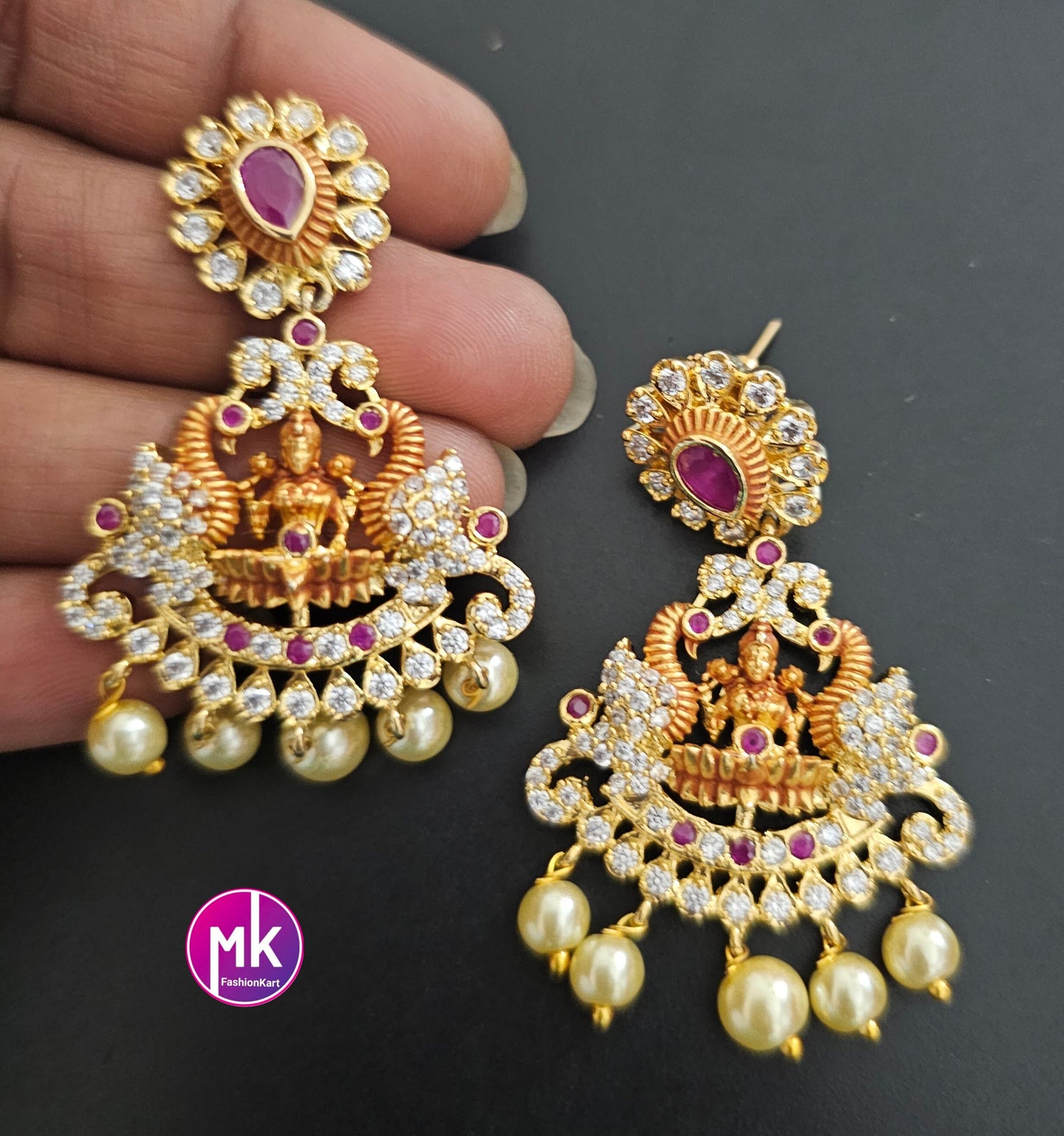 Lakshmi Peacock design AD Pendent with multi-layer crystal Mala and Matching AD stone Earrings - MK Fashionkart - Fashion Jewelry