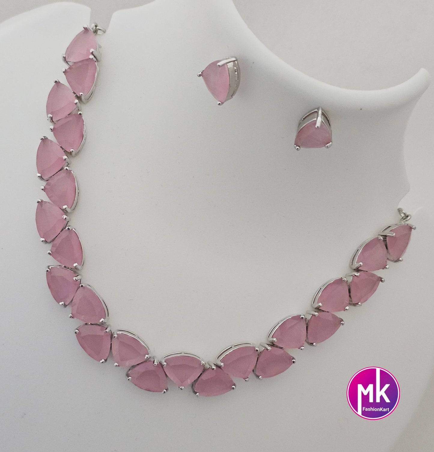American Diamond Silver Finish AD Stone Baby pink Necklace with Earrings - Adult cum Teen Necklace -  Diamond Replica - MK Fashionkart
