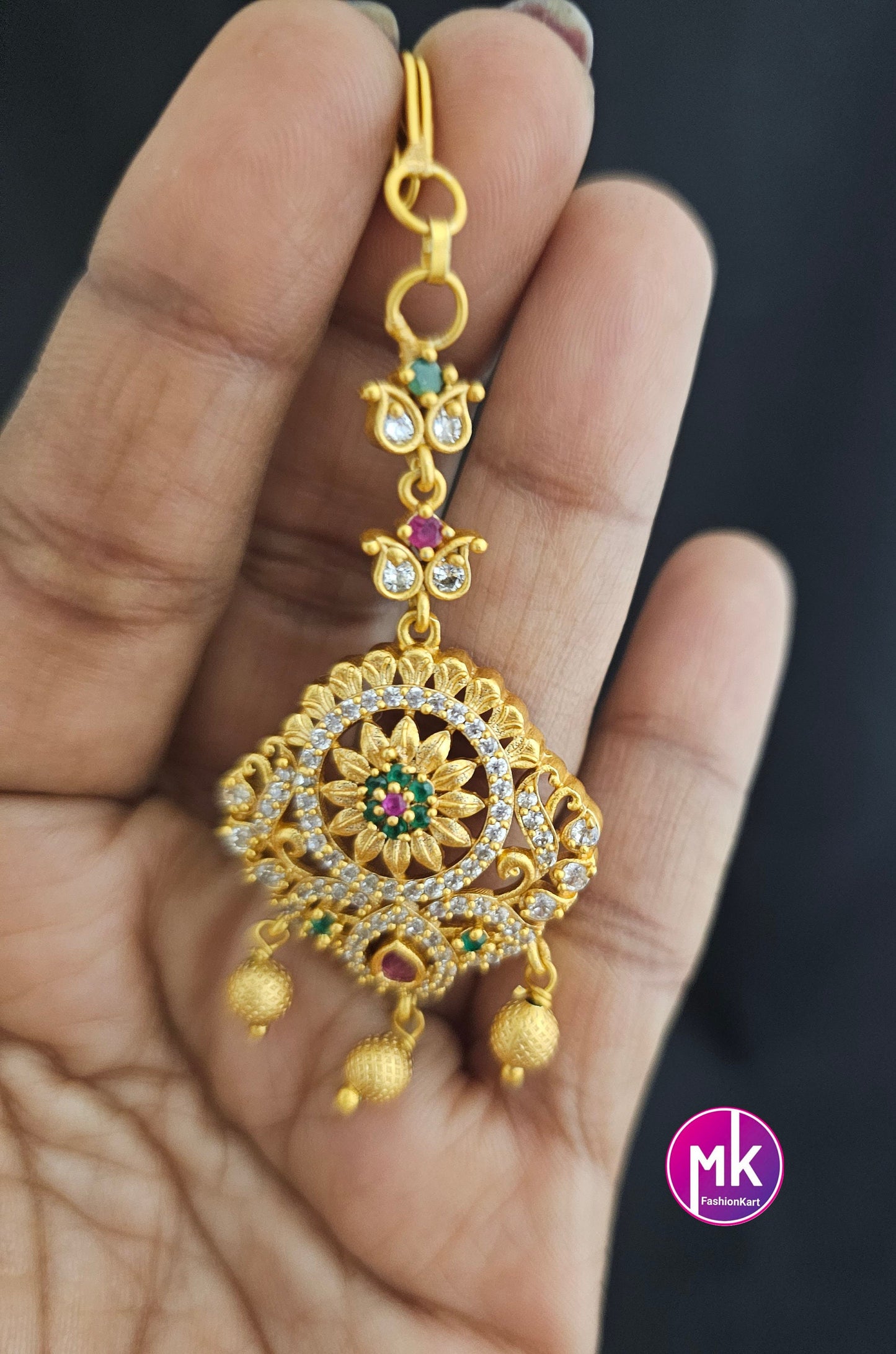 Flower design matte gold finish AD stone with gold ball hanging hangings Tikka/Nethichutti -  MK Fashionkart - Indian Fashion Jewelry