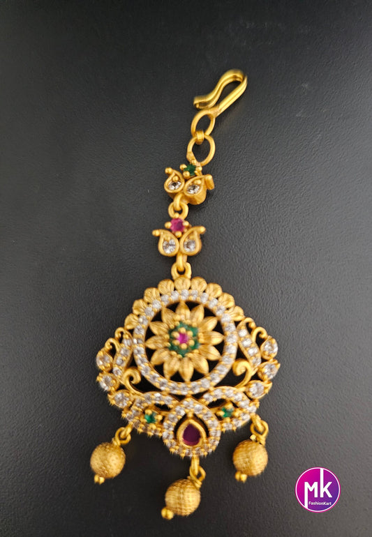 Flower design matte gold finish AD stone with gold ball hanging hangings Tikka/Nethichutti -  MK Fashionkart - Indian Fashion Jewelry