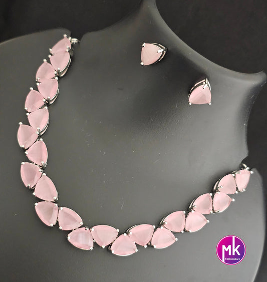 American Diamond Silver Finish AD Stone Baby pink Necklace with Earrings - Adult cum Teen Necklace -  Diamond Replica - MK Fashionkart