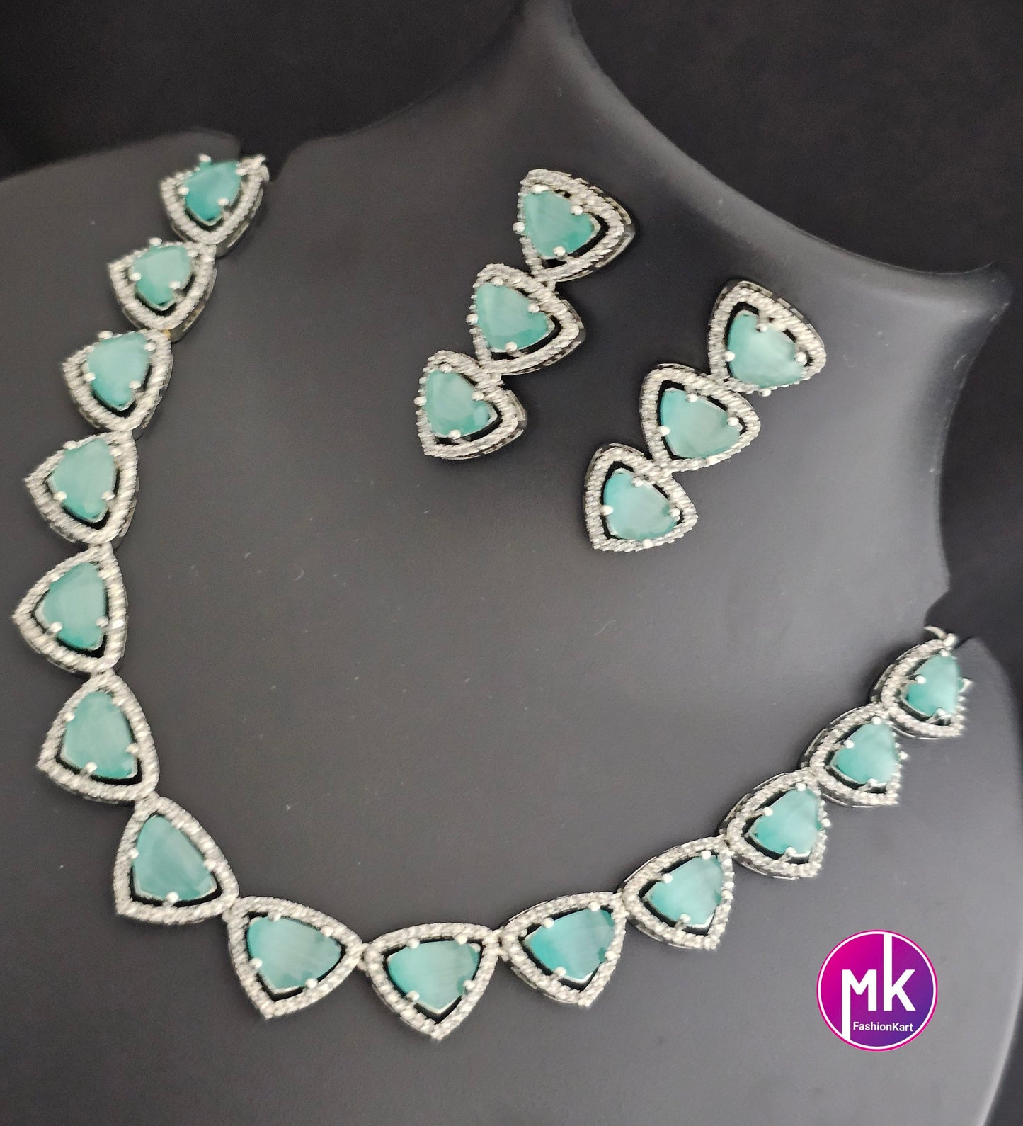 American Diamond Silver Finish AD Stone Teel Green Necklace with Earrings - Adult cum Teen Necklace -  Diamond Replica - MK Fashionkart