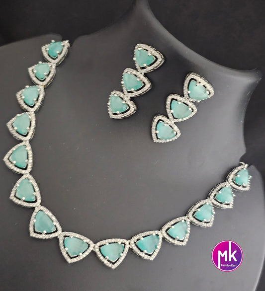 American Diamond Silver Finish AD Stone Teel Green Necklace with Earrings - Adult cum Teen Necklace -  Diamond Replica - MK Fashionkart