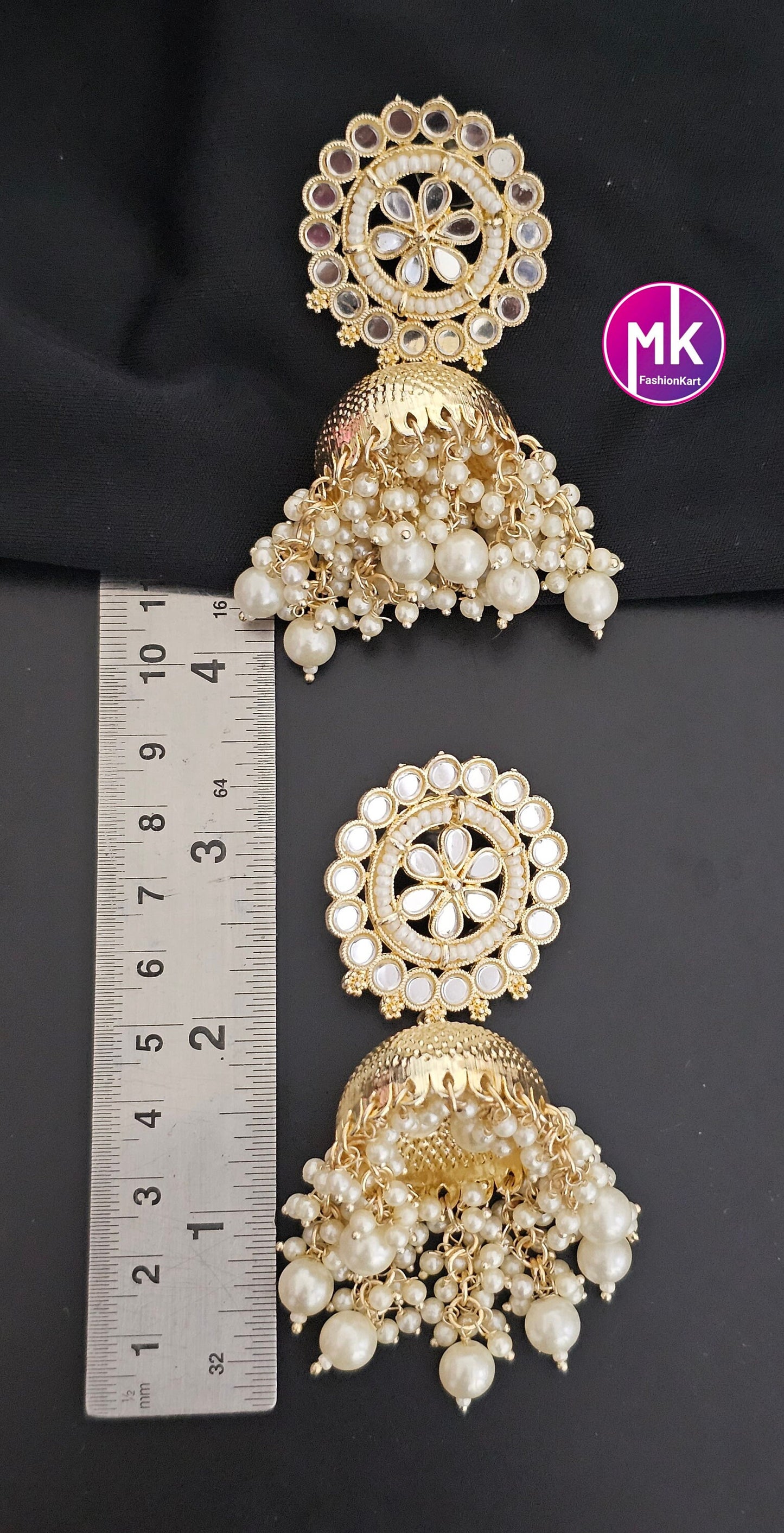 Bollywood Premium quality kundan piroyi Pearl big Jhumka with pearl hangings - MK Fashionkart - Fashion Jewelry