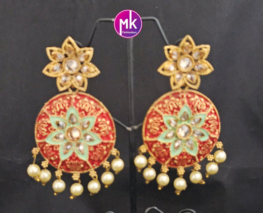 Bollywood Premium Quality Gold finish Meenakari with kundan stone Big Earrings with pearl hangings - MK Fashionkart - Fashion Jewelry