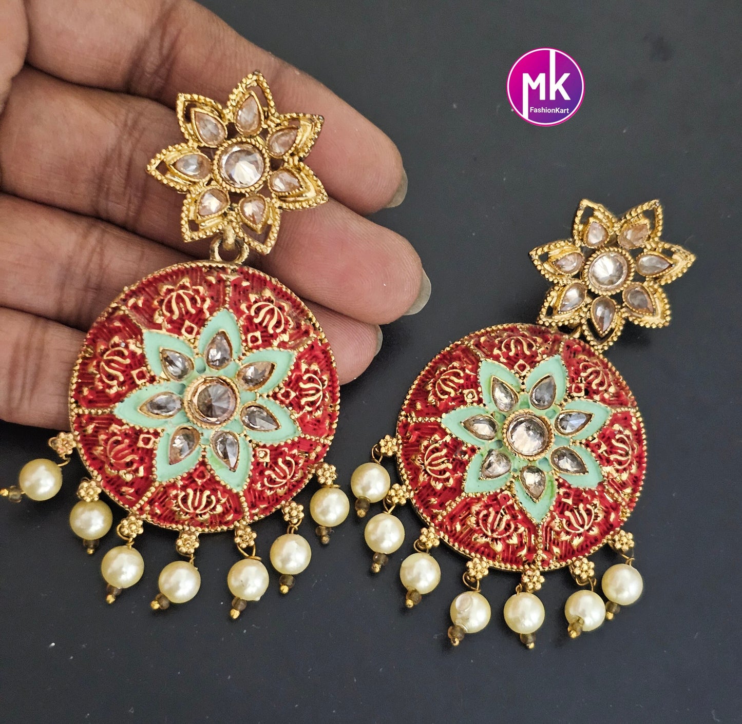Bollywood Premium Quality Gold finish Meenakari with kundan stone Big Earrings with pearl hangings - MK Fashionkart - Fashion Jewelry