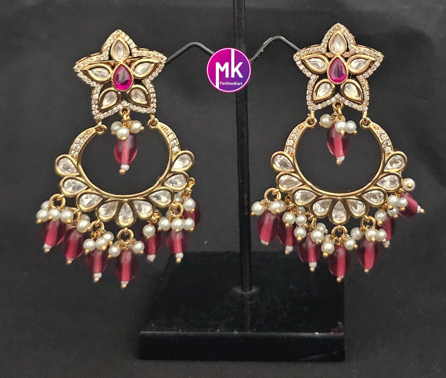 Bollywood Premium Quality Gold polish Kundan Polki Bridal chandbali type Earrings with strawberry bead hangings- MK Fashionkart
