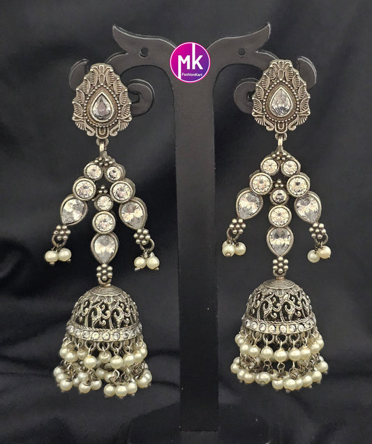 Premium Quality White stone German Silver lengthy Jhumka with hanging white pearls - MK Fashionkart - Fashion Jewelry