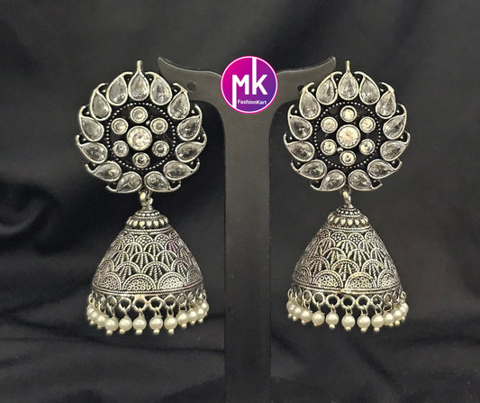 Silver Oxidized white stones Jhumka with hanging pink beads - MK Fashionkart - Fashion Jewelry