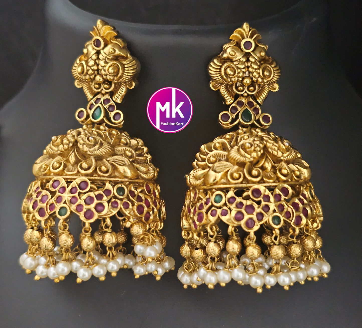 Beautiful Radhakrishna Premium quality Gold Jewelry Replica Haram with big pendent with matching Big Jhumka - Bridal Haram - MK Fashionkart
