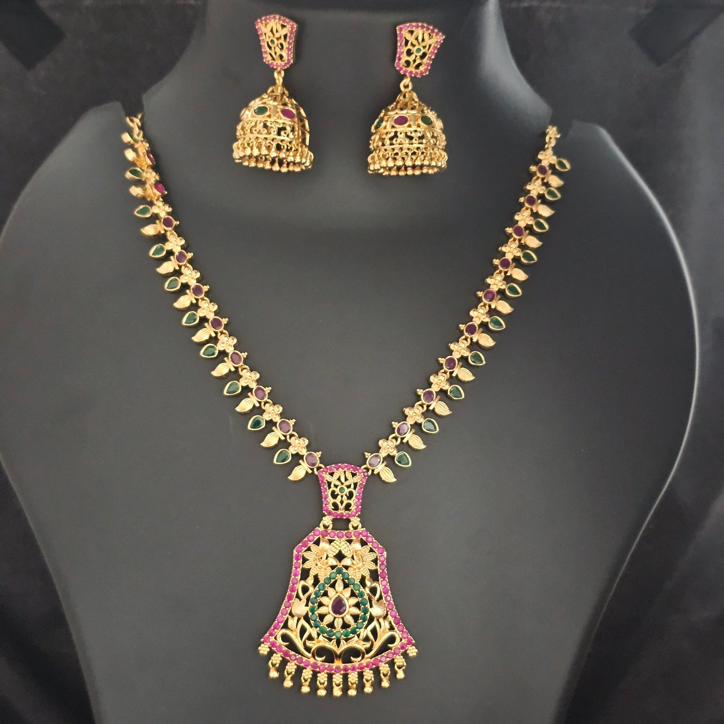 Gold Polish AD Multi-color Stone Necklace with matching Jhumka - Gold Jewelry Replica - Ethnic Jewelry - MK Fashionkart