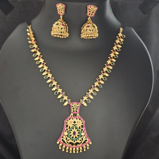Gold Polish AD Multi-color Stone Necklace with matching Jhumka - Gold Jewelry Replica - Ethnic Jewelry - MK Fashionkart