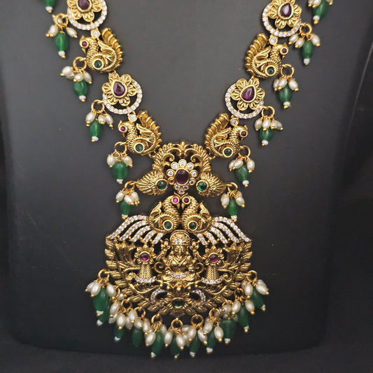 Lakshmi Peacock Premium quality Gold Jewelry Replica Haram with Precious green bead hangings with matching Earrings - MK Fashionkart