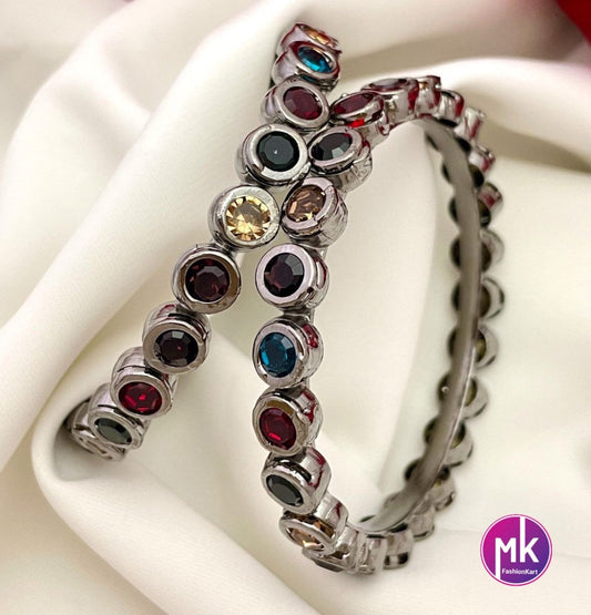Oxidized Bangles Black , Pink and Multicolor stones - Set of 2 Bangles - Size 2.4, 2.6 - Fashion Jewelry - MK Fashionkart