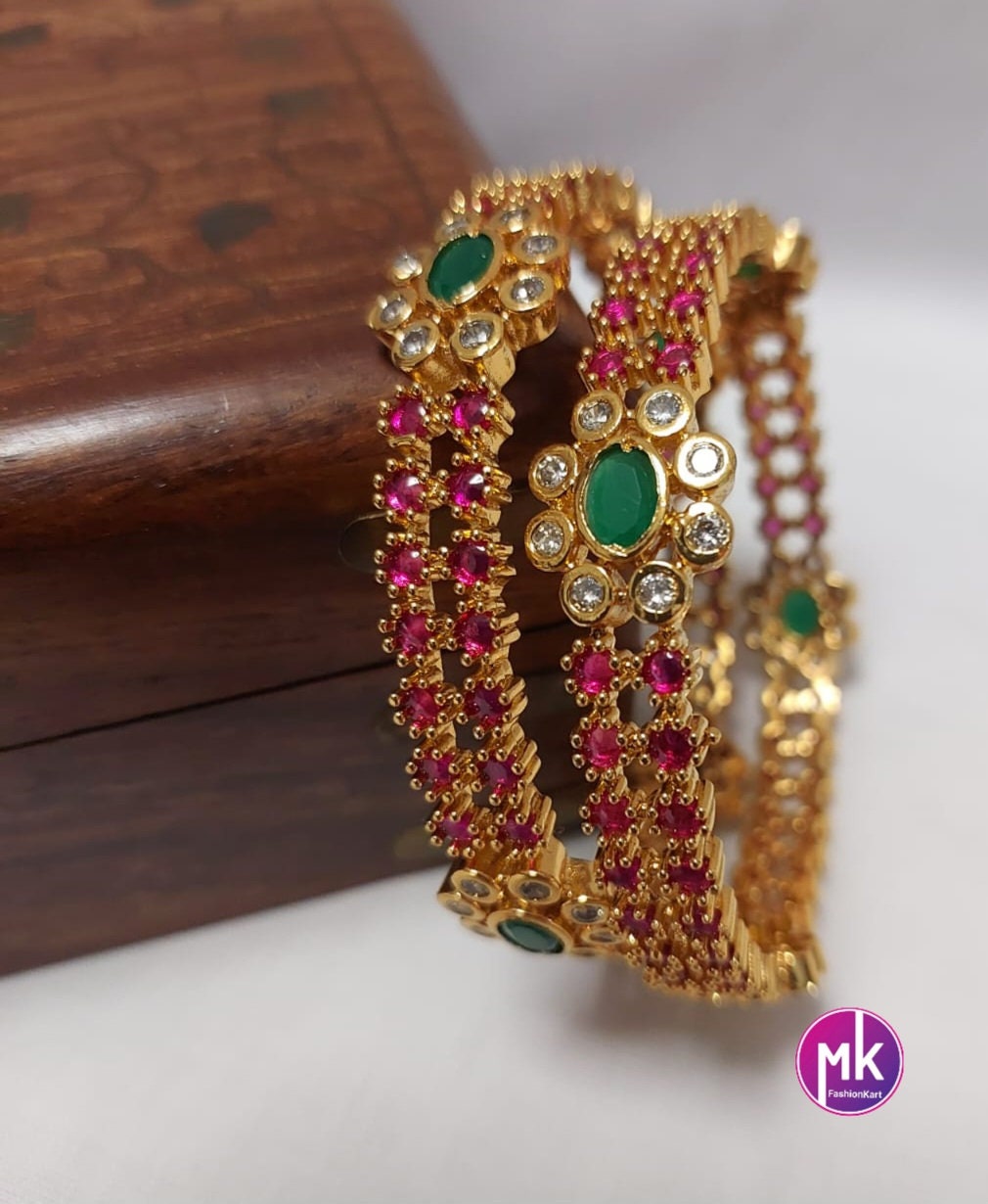 Premium Quality AD Gold finish Stone Bangles - Set of 2 bangles - Size 2.4, 2.6 and 2.8 - Fashion Jewelry - MK Fashionkart