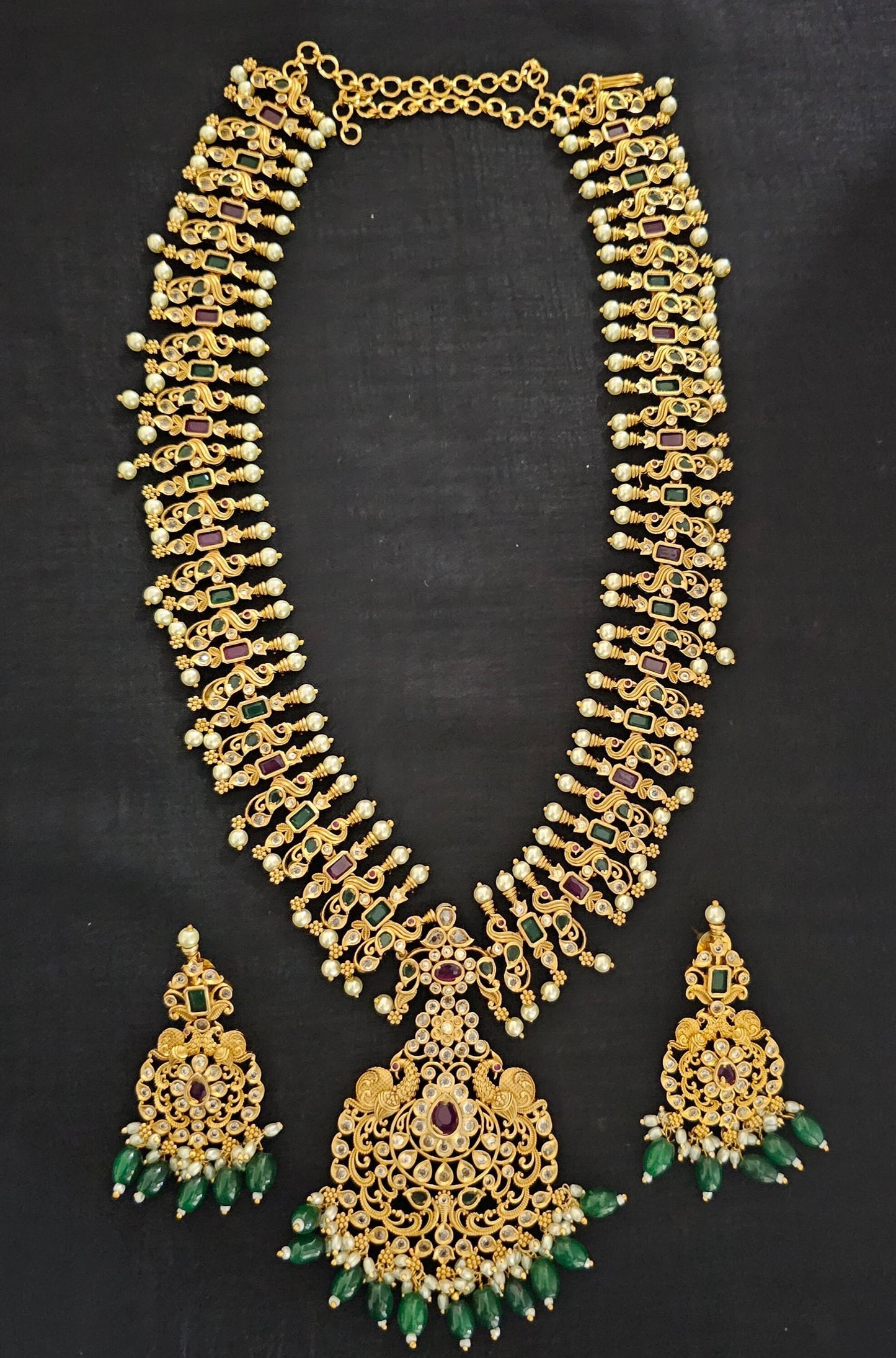 Peacock Premium quality Gold Jewelry Replica Haram with precious green bead hangings with matching Earrings - MK Fashionkart