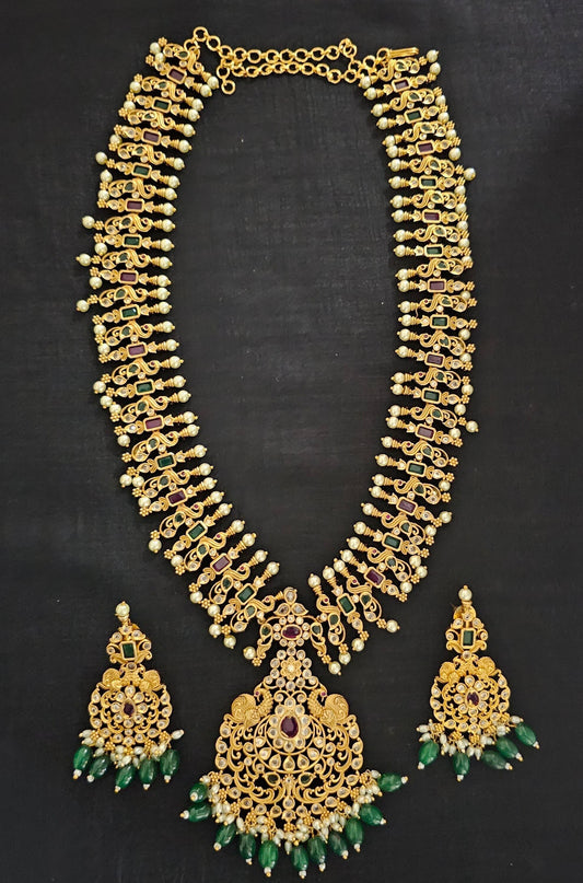 Peacock Premium quality Gold Jewelry Replica Haram with precious green bead hangings with matching Earrings - MK Fashionkart