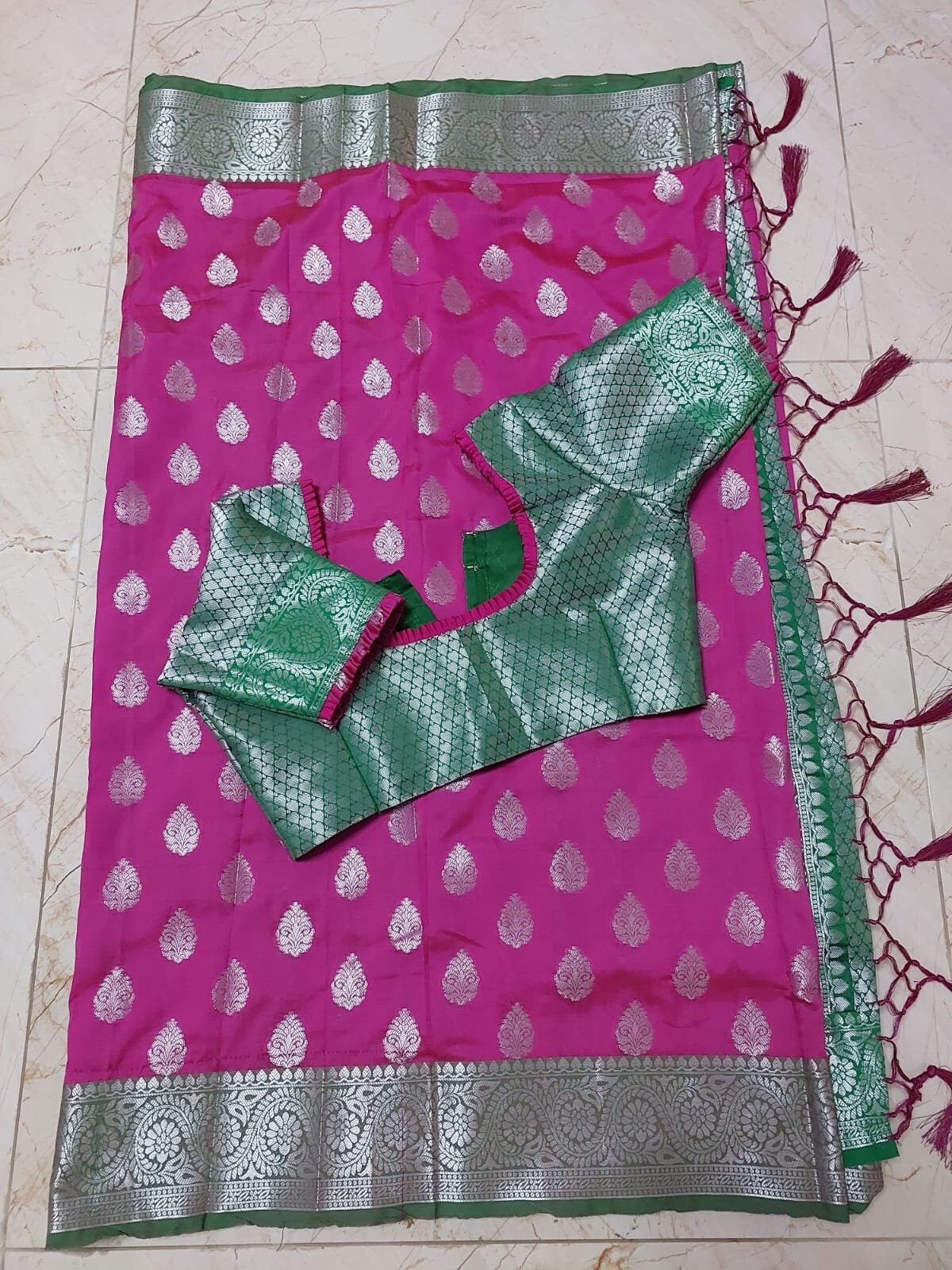 Semi Tusser Silk Saree w Silver floral print - Rich pallu weaving border -  Boutique stitched blouse - Blouse size 36 (Self alter upto 40)