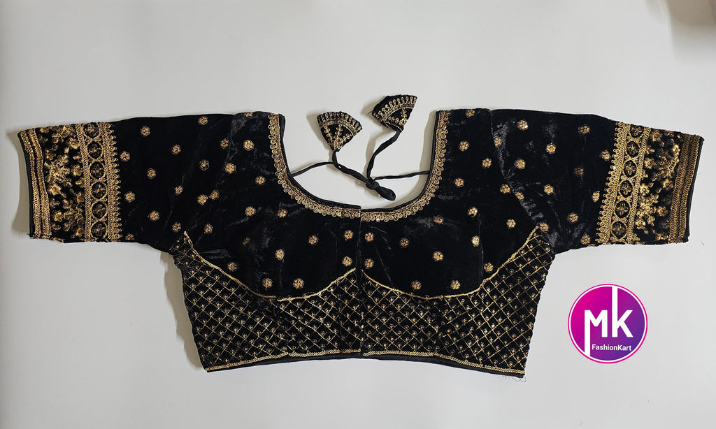 Readymade Saree Blouse - Sabyasachi pattern Velvet blouse with Vibrant colors w golden flower design Blouse - Size 38" (self alter Upto 40")