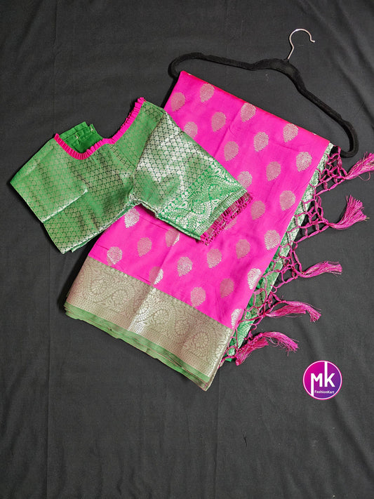 Semi Tusser Silk Saree w Silver floral print - Rich pallu weaving border -  Boutique stitched blouse - Blouse size 36 (Self alter upto 40)