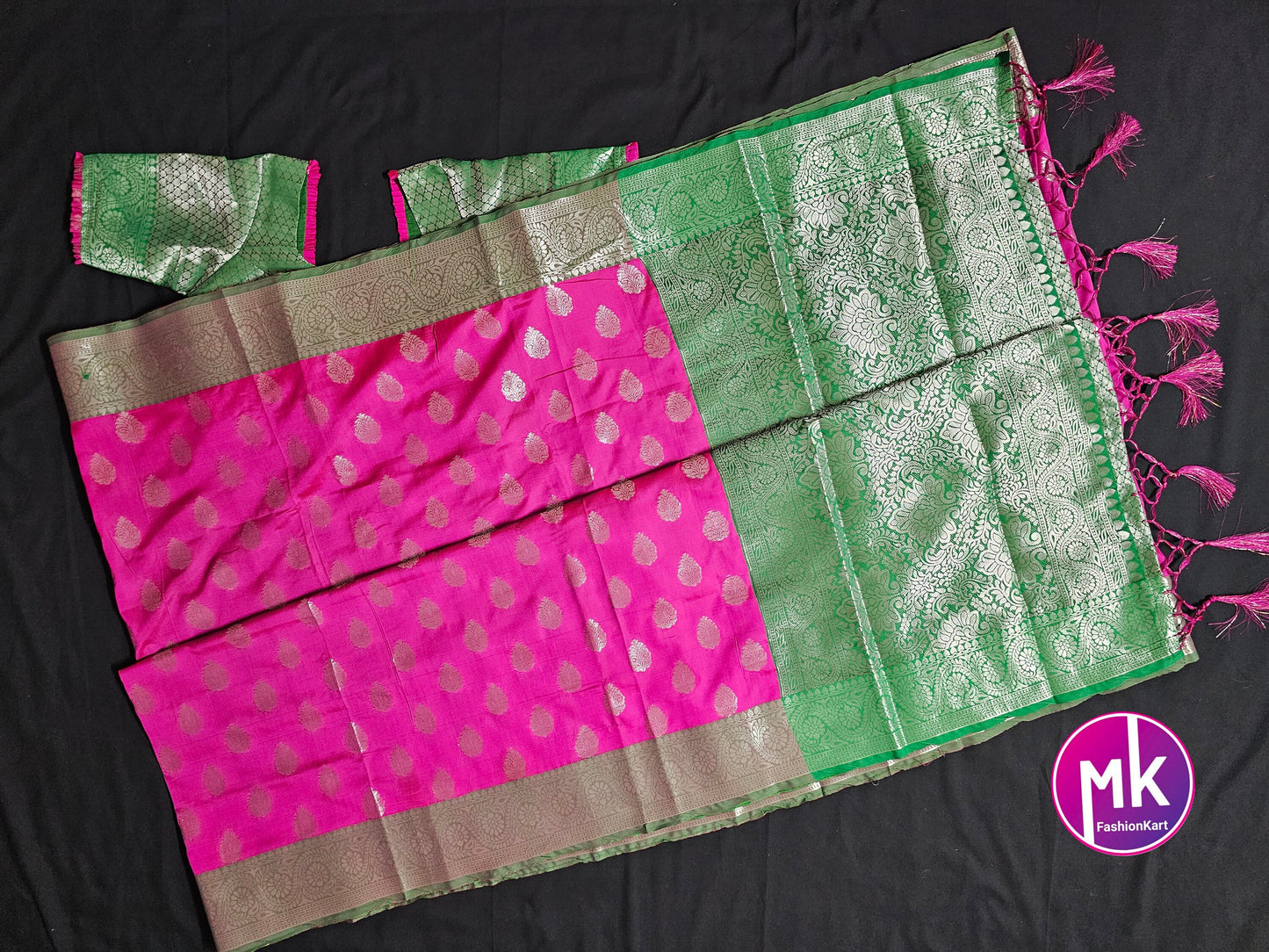Semi Tusser Silk Saree w Silver floral print - Rich pallu weaving border -  Boutique stitched blouse - Blouse size 36 (Self alter upto 40)