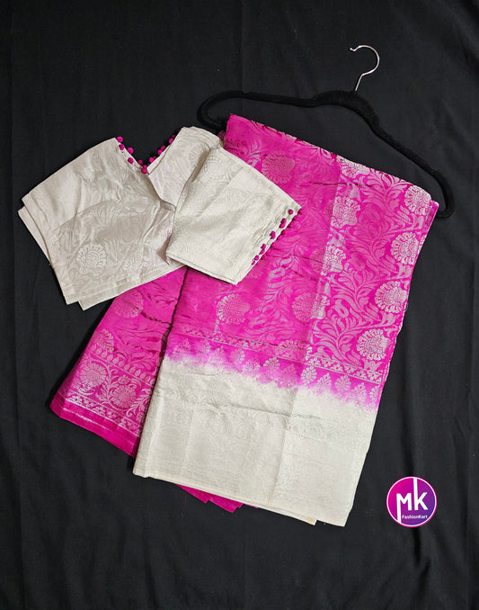 Semi Tusser Silk Saree w Silver floral print - Rich pallu weaving border - boutique stitched blouse - Blouse size 34 (Self alter upto 38)