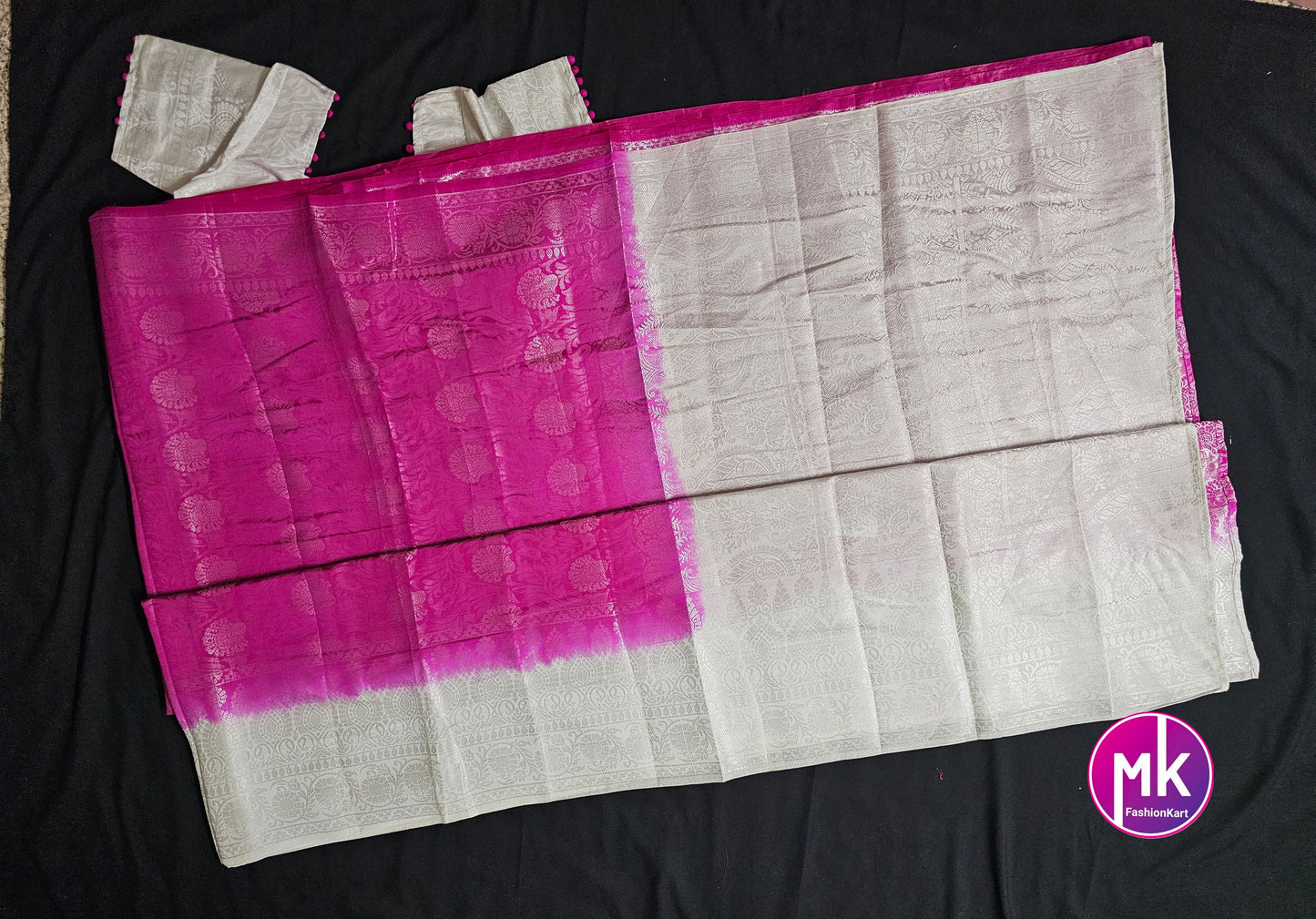 Semi Tusser Silk Saree w Silver floral print - Rich pallu weaving border - boutique stitched blouse - Blouse size 34 (Self alter upto 38)