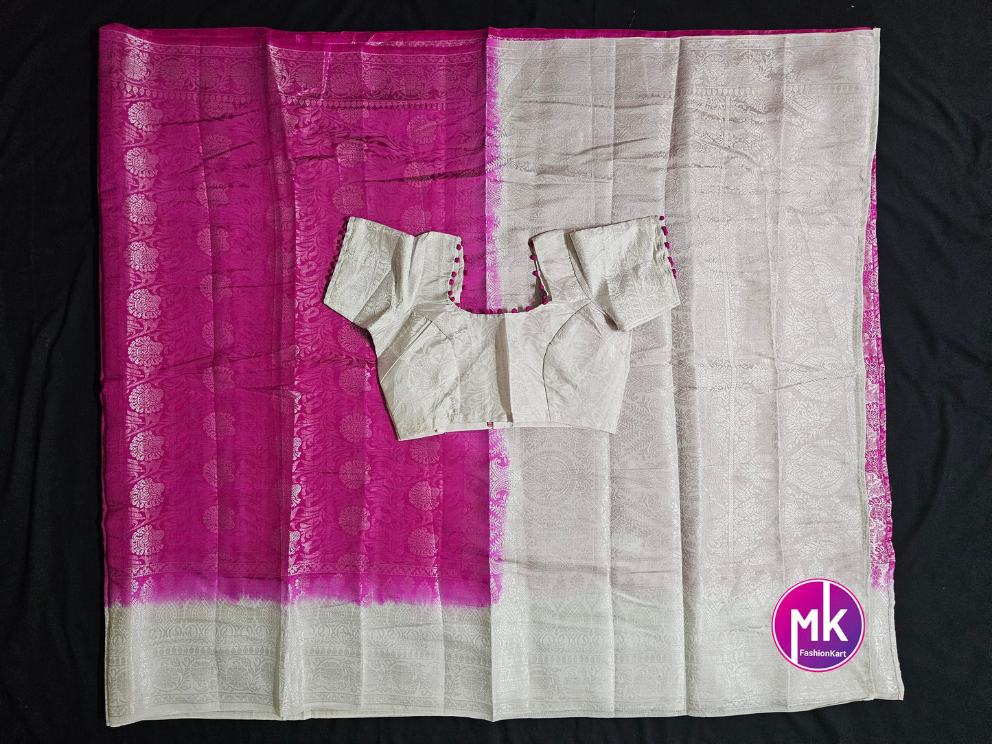Semi Tusser Silk Saree w Silver floral print - Rich pallu weaving border - boutique stitched blouse - Blouse size 34 (Self alter upto 38)