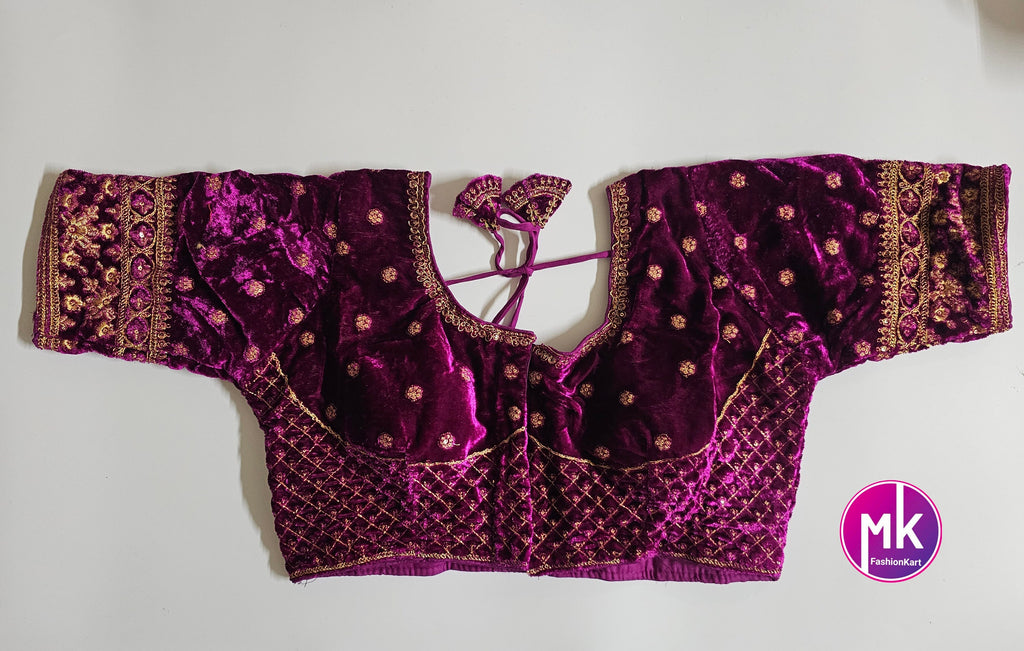 Readymade Saree Blouse - Sabyasachi pattern Velvet blouse with Vibrant colors w golden flower design Blouse - Size 38" (self alter Upto 40")