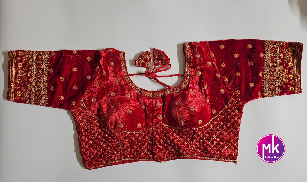Readymade Saree Blouse - Sabyasachi pattern Velvet blouse with Vibrant colors w golden flower design Blouse - Size 38" (self alter Upto 40")