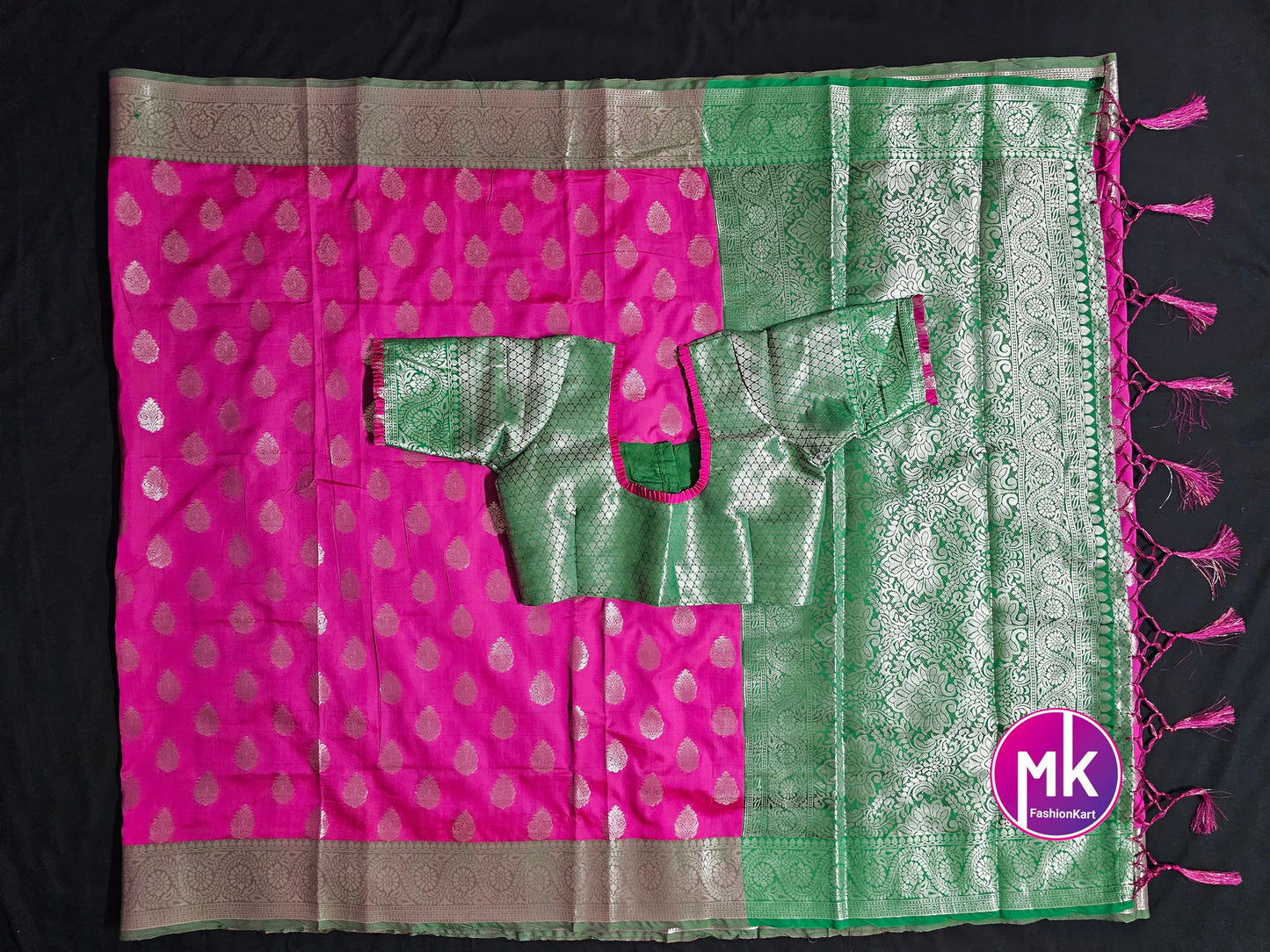 Semi Tusser Silk Saree w Silver floral print - Rich pallu weaving border -  Boutique stitched blouse - Blouse size 36 (Self alter upto 40)