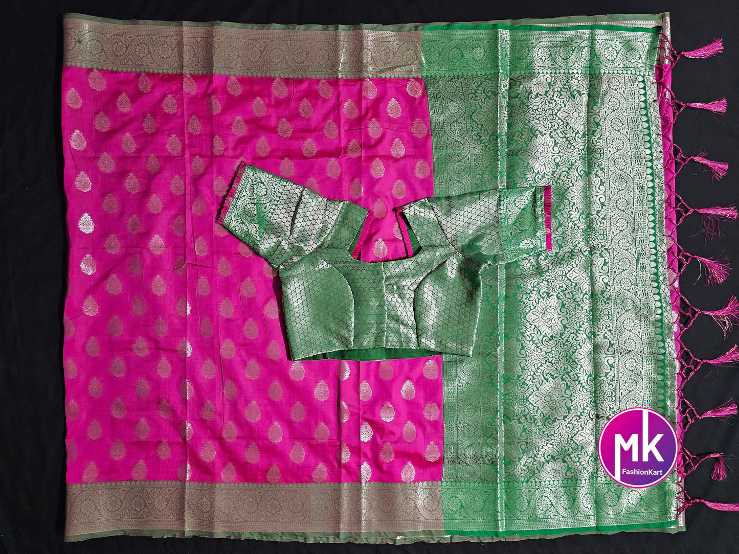 Semi Tusser Silk Saree w Silver floral print - Rich pallu weaving border -  Boutique stitched blouse - Blouse size 36 (Self alter upto 40)