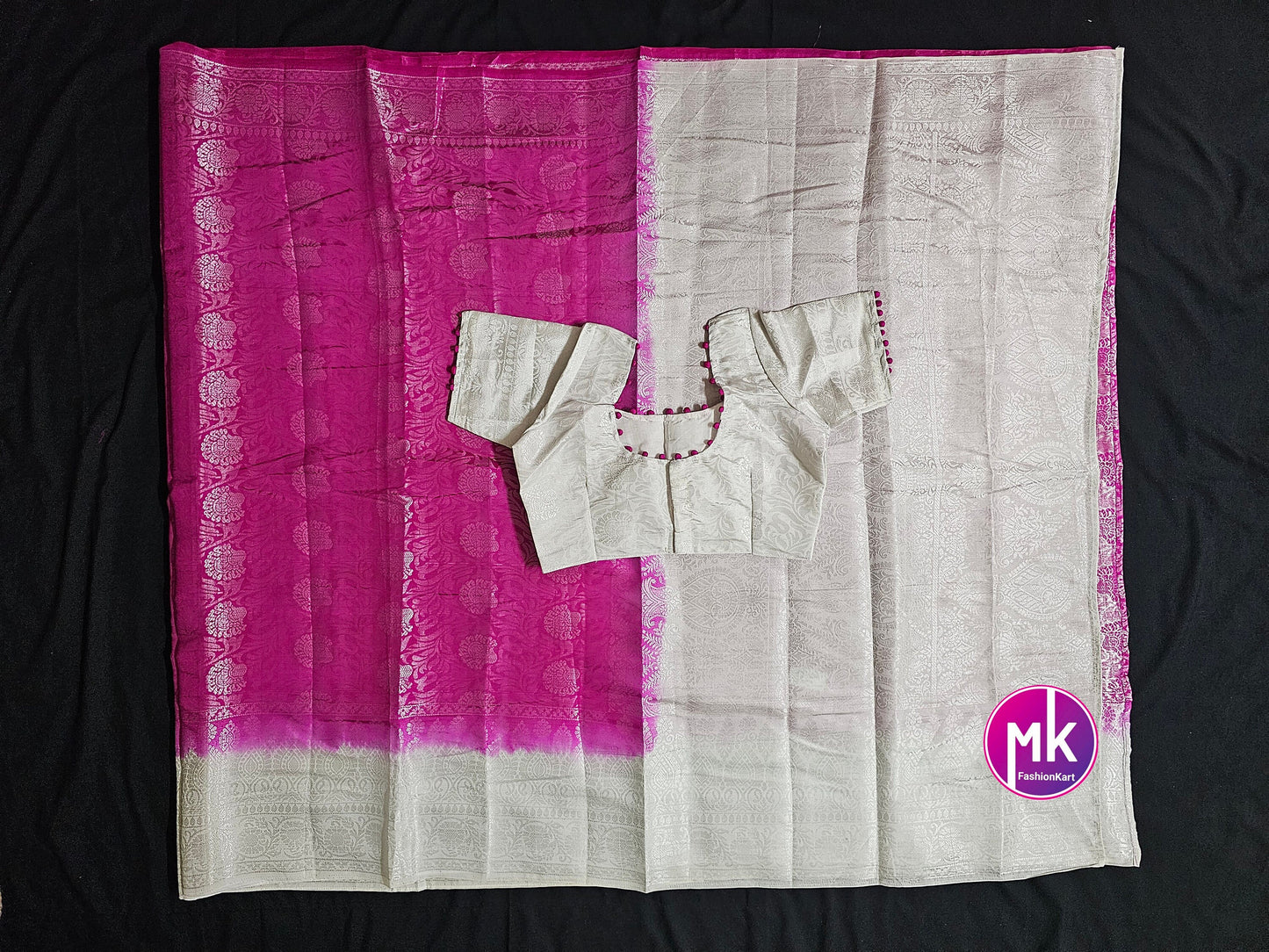Semi Tusser Silk Saree w Silver floral print - Rich pallu weaving border - boutique stitched blouse - Blouse size 34 (Self alter upto 38)